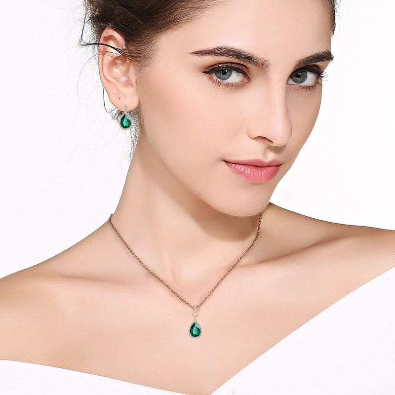 EVEVIC Austrian Crystals Teardrop Pendant Necklace Earrings for Women 14K Gold Plated Hypoallergenic Jewelry Set (Green) - Image 2